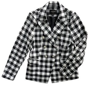 Attentif Paris Womens 40 Black White Gingham Check Double Breasted Blazer Preppy